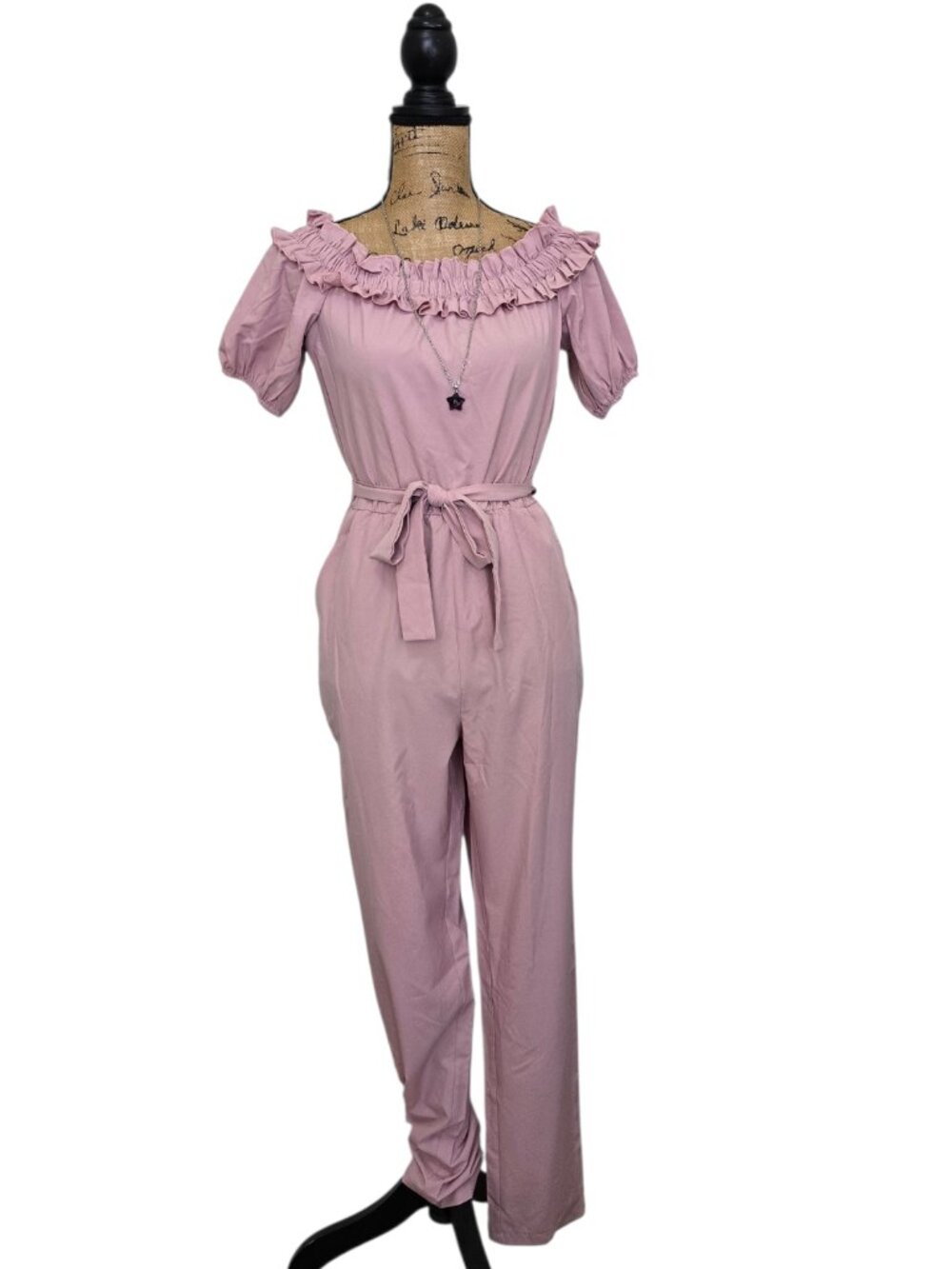 Lavender Pink Women's Short Sleeve Off the Shoulder Jumpsuit w. Pockets Small